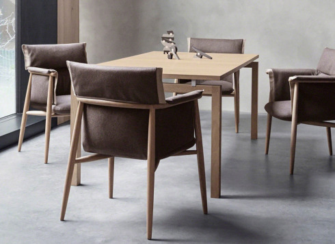 Brown Embrace chairs with cushion and armrests.