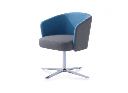 Hay chair with grey cushion on the seat and blue cushion on the back
